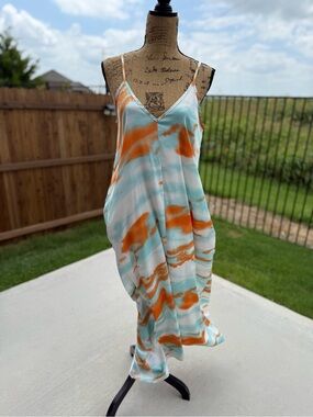 Tie-Dye Maxi Slip Dress in Aqua and Orange
